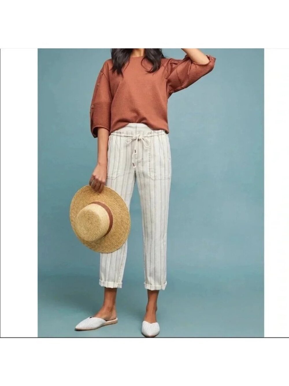 Anthropologie Size M Seashore Striped Linen Cotton Blend Cropped Pants Beige